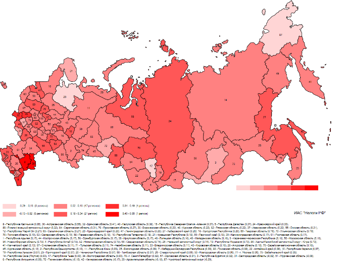 Рис. 2. Географическая карта для динамики темпов роста совокупных налоговых поступлений субъектов РФ за 2012 год